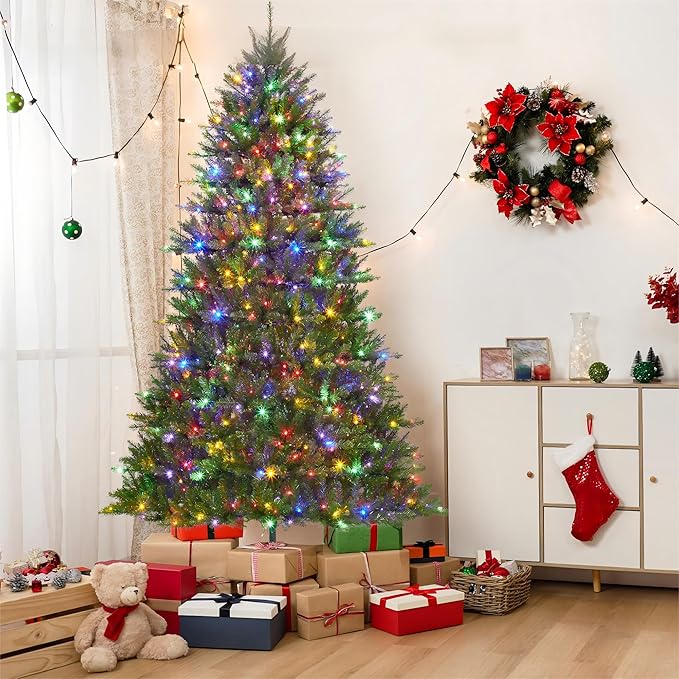 Christmas Artificial Tree 7.5 FT, PVC Mixed Automatic Tree with Dual Color LED Lights, Easy Setup, Durable, Modern Design, Indoor & Outdoor Holiday Decoration