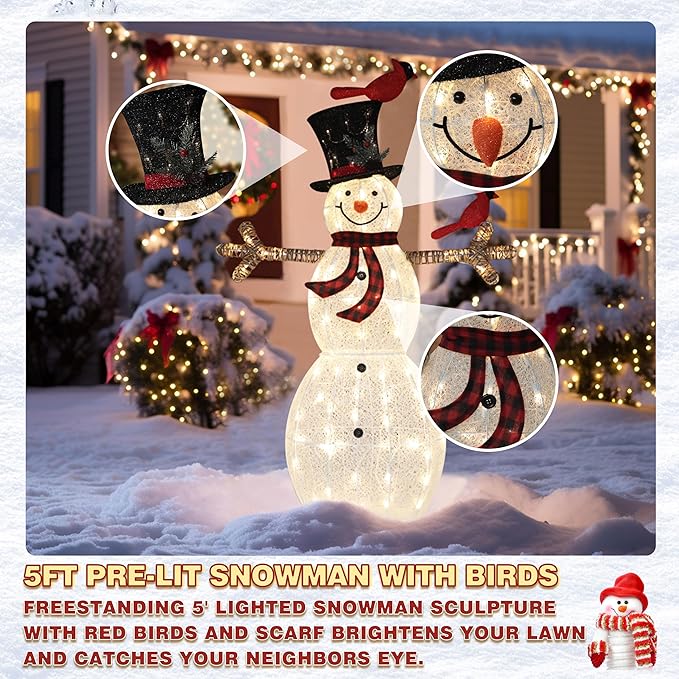 BlueWish Snowman Christmas Decorations, 5FT Lighted Snowman Decorations for Outdoor, Christmas Decorations Outdoor Warm Light Up 90 LED for Yard Indoor Garden Lawn