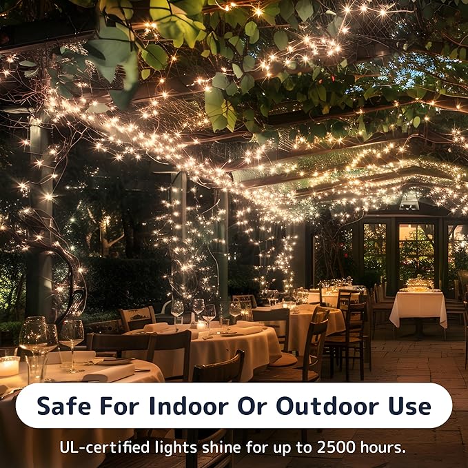 PREXTEX 10 Ft String Lights with Christmas Tree Light Warm White - Indoor/Outdoor Decor - Xmas Lights for Holidays, 50 Twinkle LED Lighting on White Wire - Multi-Strand Connectable