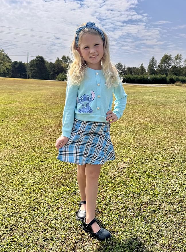 Disney Frozen Elsa Stitch Princess Moana Minnie Toddler Girl 2 Piece Outfit Kid Pearl Button Knit Top & Tweed Skirt Set 2-13Y