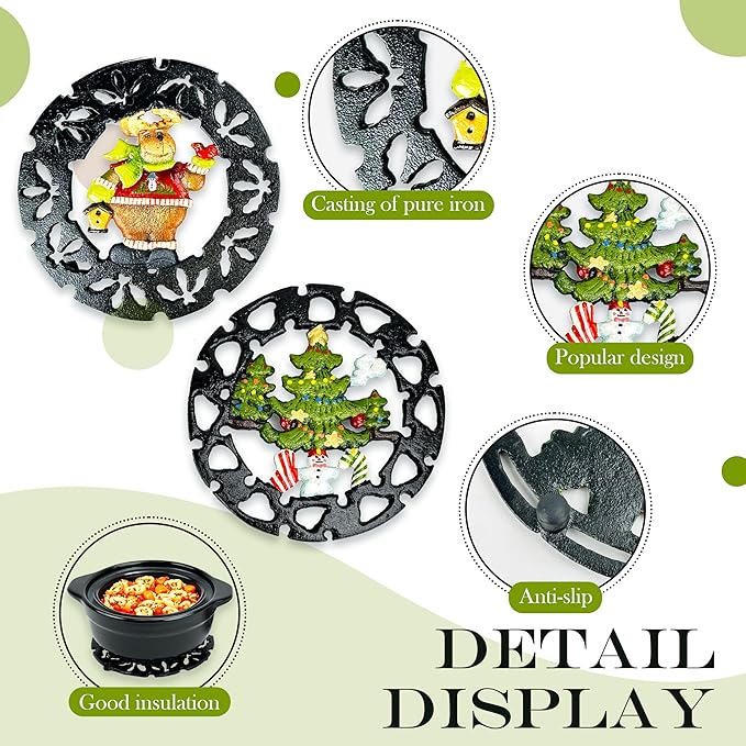 2 Pack Christmas Metal Trivets, Reindeer & Snowman Cast Iron Trivet for Hot Dishes, 7 Inch Heat Resistant Decorative Trivets, Kitchen Gift for Christmas