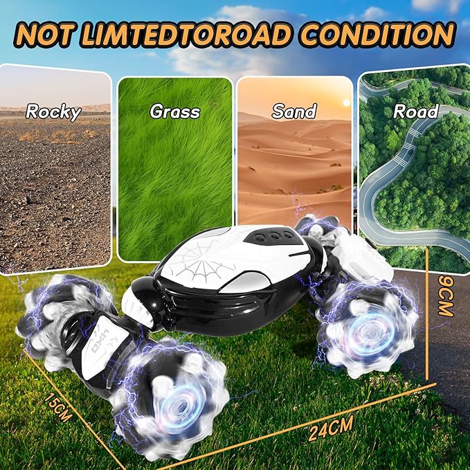 4WD Remote Control Gesture Sensor Car, Gesture Sensing Rc Stunt Car with Light & Music & Spray,for 6-12 Year Boys & Girls,Double Sided Drift Truck Off Road 360° Flips,Birthday for Kids