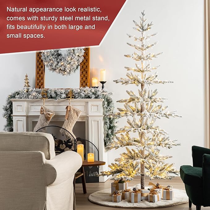 Glitzhome Flocked Christmas Tree, 7ft Pre-Lit Artificial Christmas Tree with 400 Warm White Lights, Deluxe Xmas Serene Snowscape Fir Tree with 1015 PE Tips and Sturdy Metal Stand,Easy Set Up