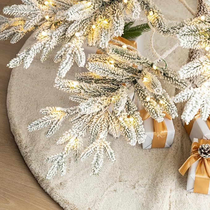 Glitzhome 9ft Deluxe Pre-Lit Flocked Artificial Christmas Tree Serene Snowscape Fir for Home, Office, Party Decoration with 650 Warm White Lights, Metal Hinges & Base, Easy Assembly