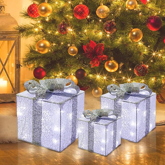 Christmas Light Gift Box Decorations, 3-Piece Set, Pre-Strung Wired Gifts with Bows, Illuminate Christmas Tree Skirt Decorations. Suitable for Indoor and Outdoor Use.（Silver）