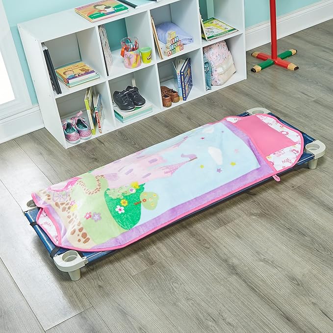 EVERYDAY KIDS Cute Preschooler and Toddler Cot Nap Mat for Home, Daycare, Preschool and Kindergarten; Easy to Roll Sleeping Mat with Elastic Straps, Pillow and Blanket