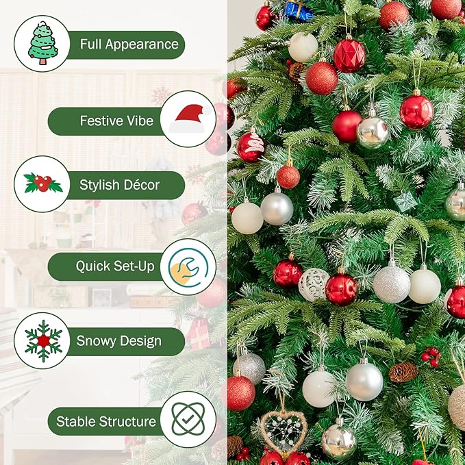 GOFLAME 7ft Pre-Lit Artificial Christmas Tree, Realistic Xmas Tree w/ 1315 Branch Tips, 450 Multi-Color LED Lights, 43 Pinecones & Red Berries, Pine Tree w/ 11 Flash Modes for Holiday Decoration