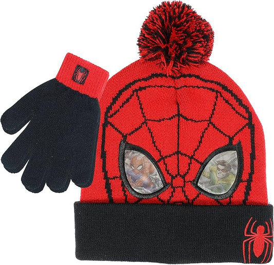 Marvel Spider-Man Kid’s Winter Hat and Snow Gloves for Boys and Toddlers, 2 Pc. Set, Pom-Pom Beanie with Warm Mittens