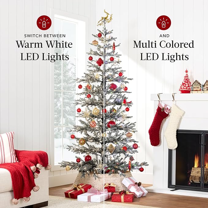 Best Choice Products Pre-Lit Sparse Christmas Tree 7.5ft Artificial Flocked Pine Holiday Décor Aspen Noble Fir White & Multicolor LED Lights- Black