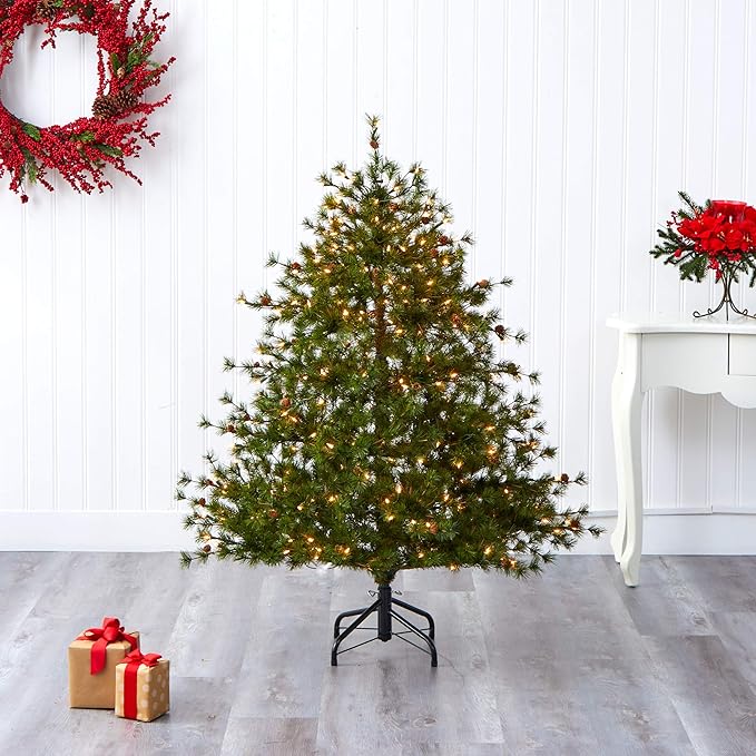 Nearly Natural 5ft. Colorado Mountain Pine Artificial Christmas Tree with 250 Clear Lights, 669 Bendable Branches and Pine Cones