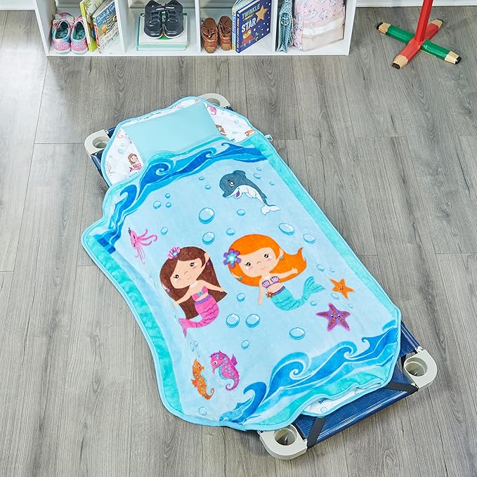 EVERYDAY KIDS Cute Preschooler and Toddler Cot Nap Mat for Home, Daycare, Preschool and Kindergarten; Easy to Roll Sleeping Mat with Elastic Straps, Pillow and Blanket