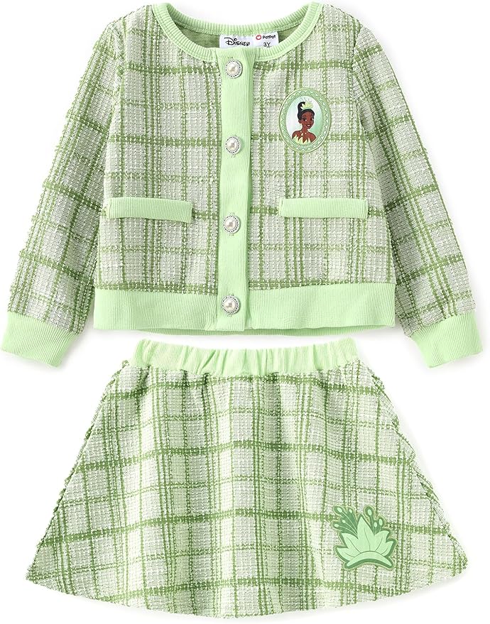 Disney Frozen Elsa Stitch Princess Moana Minnie Toddler Girl 2 Piece Outfit Kid Pearl Button Knit Top & Tweed Skirt Set 2-13Y