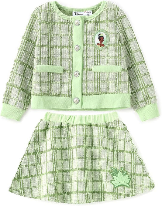 Disney Frozen Elsa Stitch Princess Moana Minnie Toddler Girl 2 Piece Outfit Kid Pearl Button Knit Top & Tweed Skirt Set 2-13Y