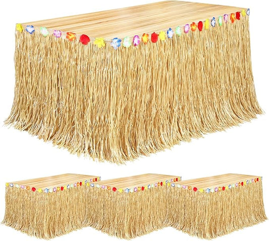 Fovths 4 Pack Luau Grass Table Skirt Natural 9 Feet x 29.5 Inch Hawaiian Table Skirt for Tropical Hawaiian Party Decorations Luau Party Costume Party, Straw Yellow