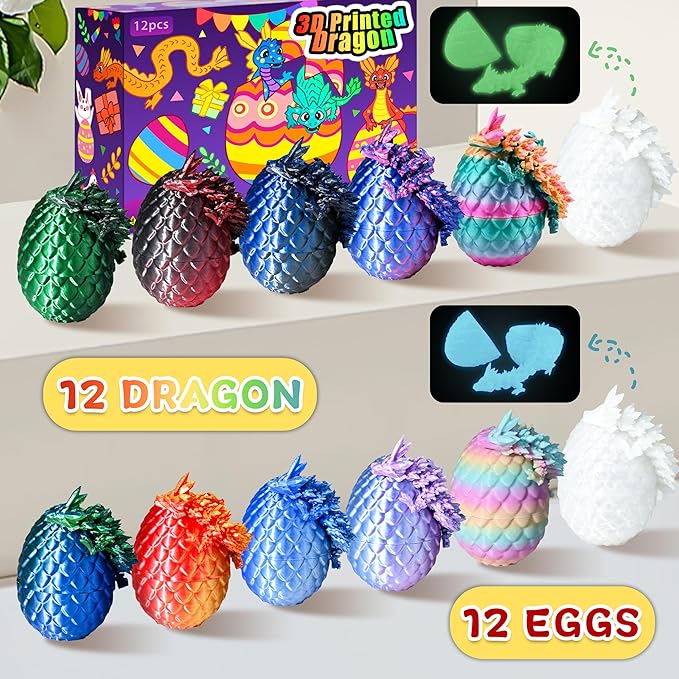12PCS 3D Printed Dragon Eggs with Dragon Inside, Cool Stuff Christmas Fun Gifts, Mini Dragon Egg Set Articulated Crystal Fidget Toy for Adults Teens Boy Gifts Easter Basket Stuffers