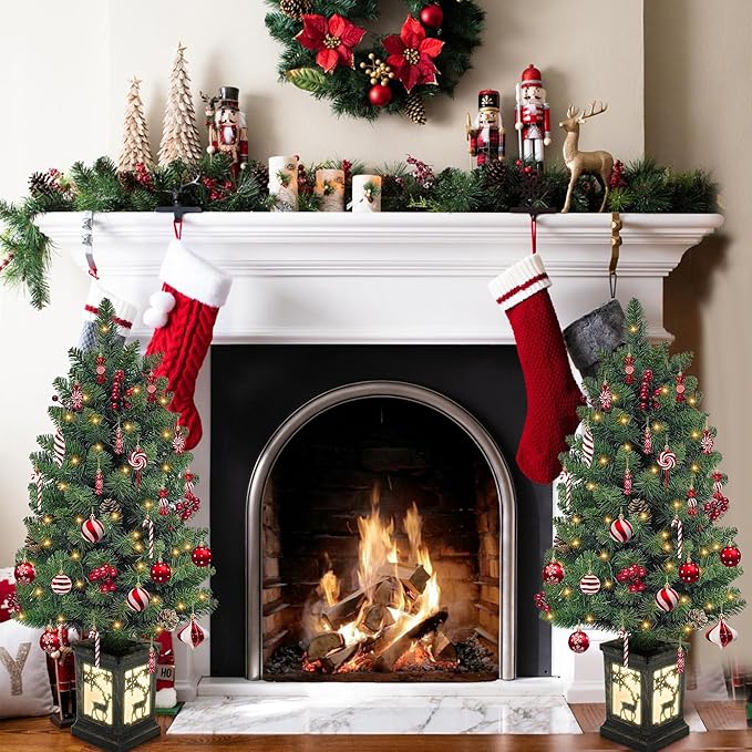 3ft Prelit Christmas Tree Set of 2 with 78 Warm Lights Red Berry Pine Cone, Mini Potted Christmas Tree with Vintage Elk Light Potted Base,Tabletop Small Xmas Tree Decor for Porch, Fireplace, Entrance