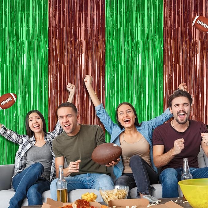 2 Pack Football Party Decorations, 3.28 FT x 7.05 FT Tinsel Backdrop, Brown Green Foil Fringe Curtains Metallic Party Streamer, Football Party Supplies Game Day Decorations 2025