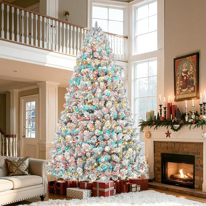 HOLLO STAR 12 ft Flocked Prelit Christmas Tree with 1097 LED Lights, App Control, Artificial Christmas Tree, Multi-Color RGBW Lights, 4000 Branch Tips, Snow Xmas Tree, for Villa, Mall, Party