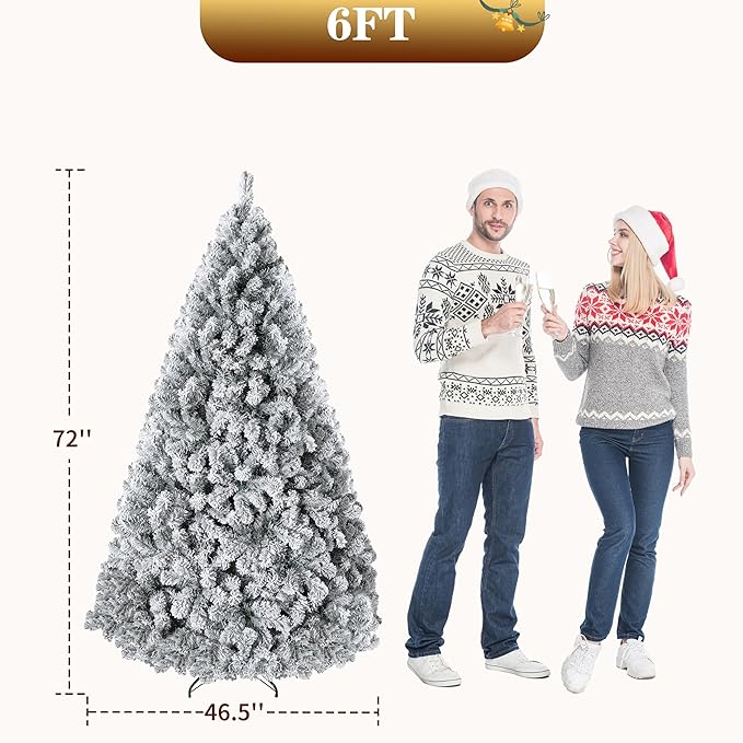 6 ft Christmas Tree, Christmas Decorations with 250 Lights, Pre-lit Artificial Christmas Tree with 710 Snowy White PVC Branches, Flodable Metal Stand＆Easy Assembly
