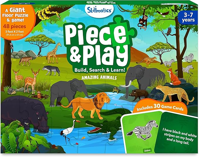 Skillmatics Floor Puzzle & Game - Piece & Play Wild Animals, Jigsaw & Toddler Puzzles, Educational Toy, Gifts for Boys & Girls Ages 3, 4, 5, 6, 7 (48 Pieces, 2 x 3 feet)