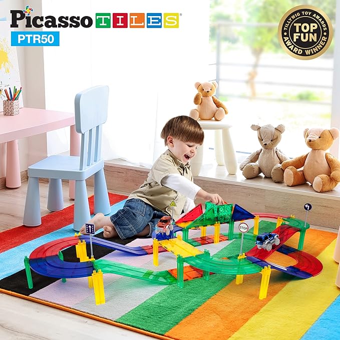 PicassoTiles 50PC Magnetic Race Car Track + Carry Case Bundle: STEAM Educational Playset for Kids Includes Travel Storage Organizer - Learning Construction Toy, Creative Design, Sensory Development