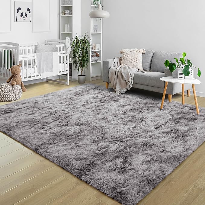 5x8 Fluffy Soft Living Room Bedroom Rug, Large Tie-Dyed Grey Area Rugs Shaggy Carpet for Living Room Classroom Kids Babys Playroom Toddler Nursery Dorm Home Decor, Modern Indoor Non Slip Rug