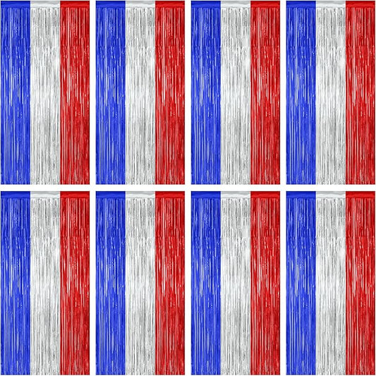 8 Pack 4th of July Photo Backdrop, 3.28 FT x 7.08 FT Fourth of July Decorations, Metallic Blue Silver Red Patriotic Tinsel Backdrop Foil Curtains, Patriotic Independence Day Decorations