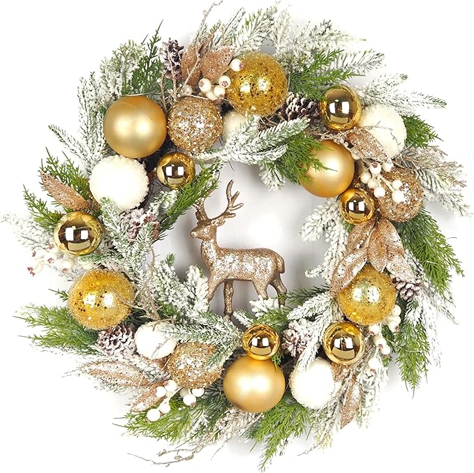 24 inch Pre-Lit Gold Christmas Wreath for Front Door Outdoor, Decorated with Ornaments, Deer Figurine, Flocked Artificial Green Pine Branches, White LED Lights