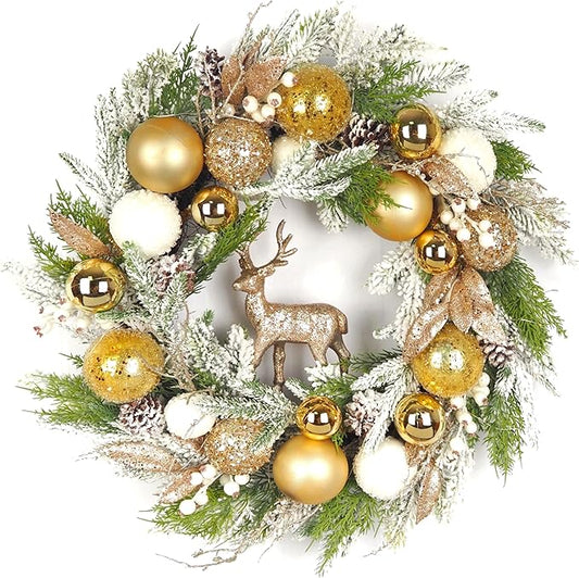 24 inch Pre-Lit Gold Christmas Wreath for Front Door Outdoor, Decorated with Ornaments, Deer Figurine, Flocked Artificial Green Pine Branches, White LED Lights