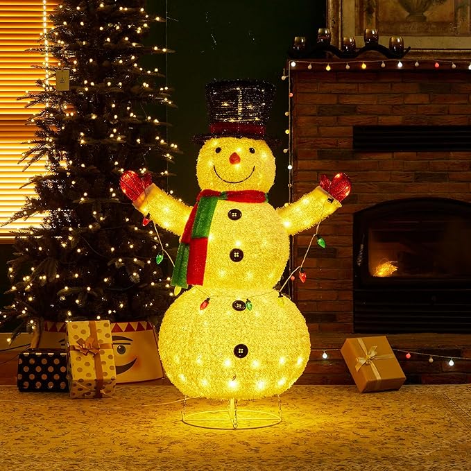 Glitzhome 4FT Lighted Christmas Snowman, 3D Foldable Fabric Outdoor Snowman Decor with Colorful Bulbs Holiday Lawn Ornament Yard Decoration Outdoor and Indoor use Long-Lasting, 160 Warm White LED