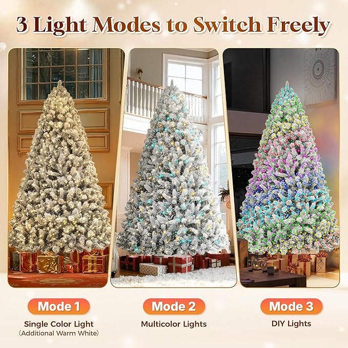 HOLLO STAR 9 ft Flocked Prelit Christmas Tree with 753 LED Lights, App Control, Artificial Christmas Tree, Multi-Color RGBW Lights, 2100 Branch Tips, Snow Xmas Tree, for Home, Party