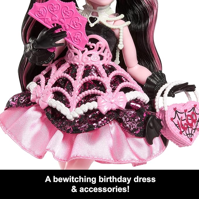 Monster High Scary Sweet Birthday Doll, Draculaura in Pink Party Dress with Themed Accessories Like Invite, Balloon, Gift, Fan and More