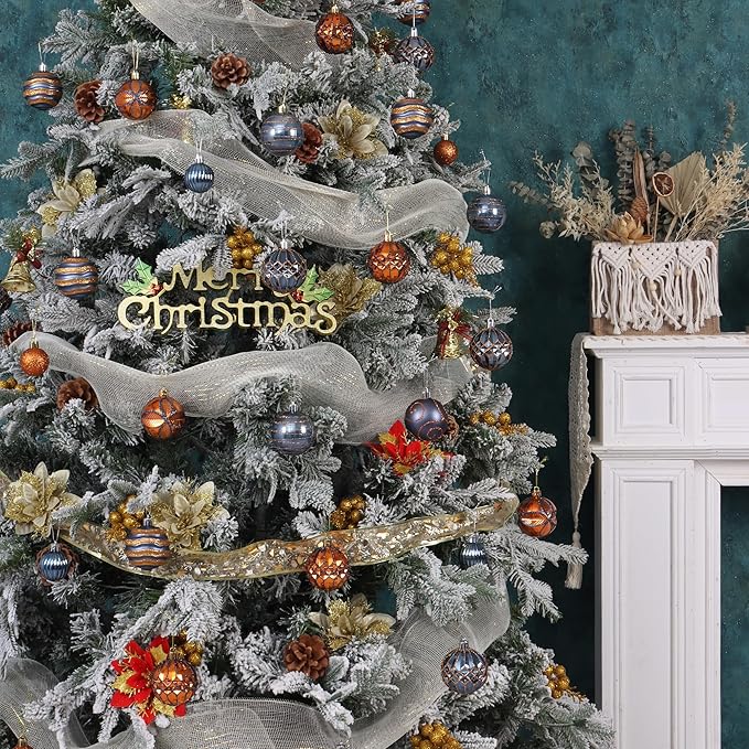 100Pcs Christmas Ball Ornaments Set, Shatterproof Plastic Blue & Orange Christmas Ornaments for Xmas Tree, Assorted Baubles Hanging Decorations for Holiday/Party/Wedding (Blue & Orange)