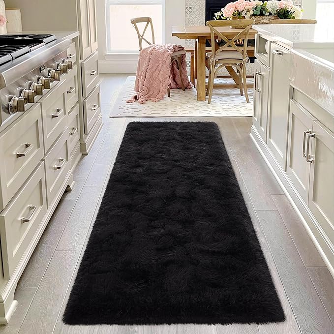2x6 Runner Rug Black Shag for Bedroom Soft Carpet, Long Fluffy Shaggy Rugs Non Slip for Bedside Living Room Classroom Kids Boys Girls Room Nursery Dorm Home Decor