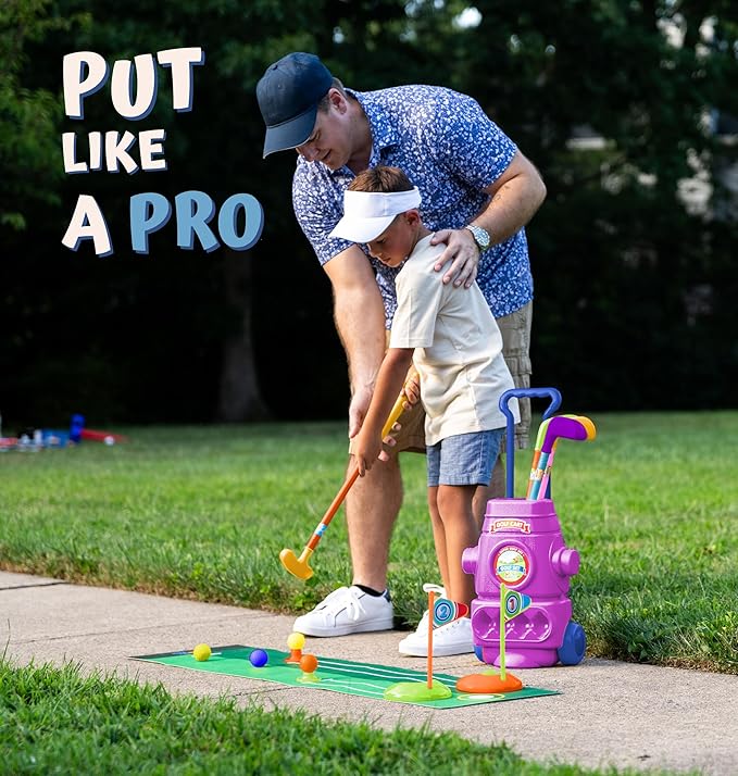 ToyVelt Toddler Golf Set - Kids Clubs with 6 Balls, 4 Sticks, 2 Practice Holes & a Putting Mat Promotes Physical Mental Development, Ideal Gift for Boys 2-10, Purple