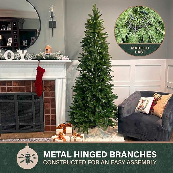 Fraser Hill Farm 7.5-Ft. Winter Falls Slim Artificial Christmas Tree with Stand and No Lights, Unlit Foldable Christmas Tree with Realistic Foliage for Home Decoration