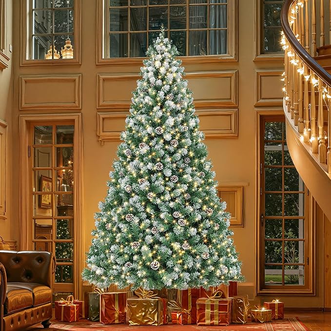 HOLLO STAR 12 ft Prelit Christmas Tree with 904 LED Lights, App Control, Artificial Christmas Tree, Multi-Color RGBW Lights, 3885 Flocked Frosted Tips, 152 Pine Cones, for Villa, Mall, Party