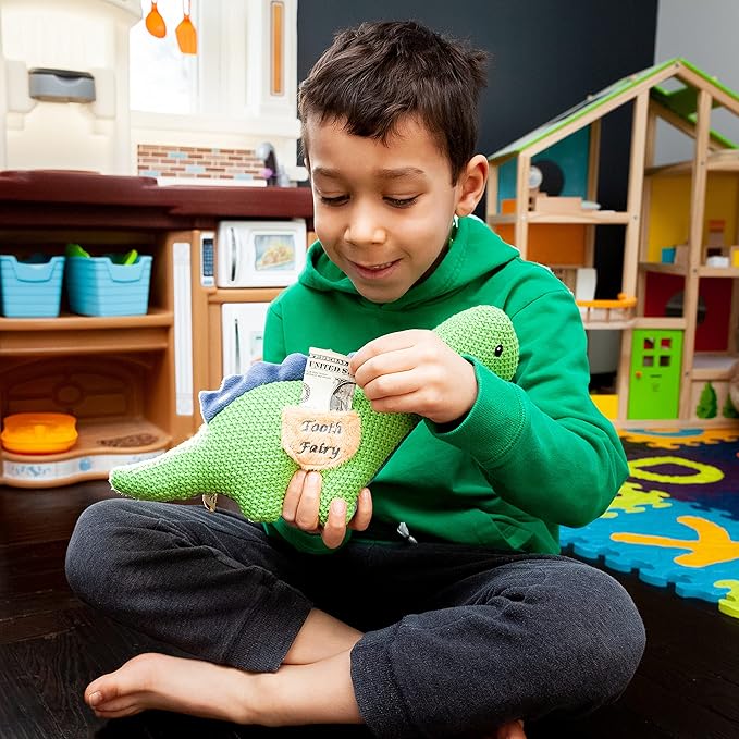 Maison Chic Danny The Dinosaur Tooth Fairy Pillow for Boys – Plush Green Dinosaur with Tooth Pocket for Boys and Girls