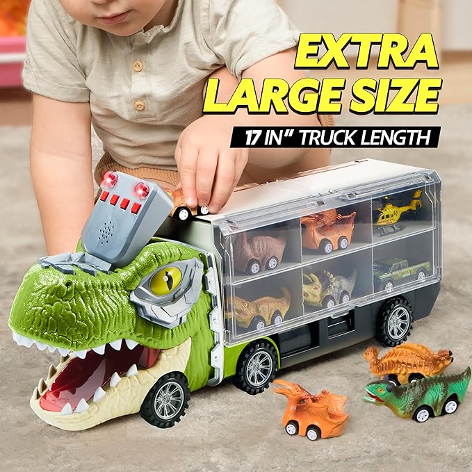 JOYIN 13 in 1 Dinosaur Toys for Kids 3-5, Dinosaur Truck with 12 Pull Back Cars, Small Cars Set, Birthday Gifts Toys for 3 4 5+ Year Old Boy, Transport Carrier Truck for Toddlers 3-4 Years