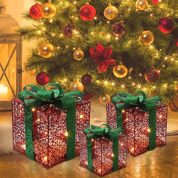 Christmas Light Gift Box Decorations, 3-Piece Set, Pre-Strung Wired Gifts with Bows, Illuminate Christmas Tree Skirt Decorations. Suitable for Indoor and Outdoor Use. (Christmas Colors)