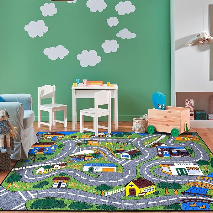 Ottomanson 3'3" x 5' Kids Road Map Rug - Interactive City Traffic Play Mat for Toy Cars - Perfect for Playroom, Bedroom, Daycare & Classroom - Durable & Non-Slip for High-Traffic Areas, Multicolor