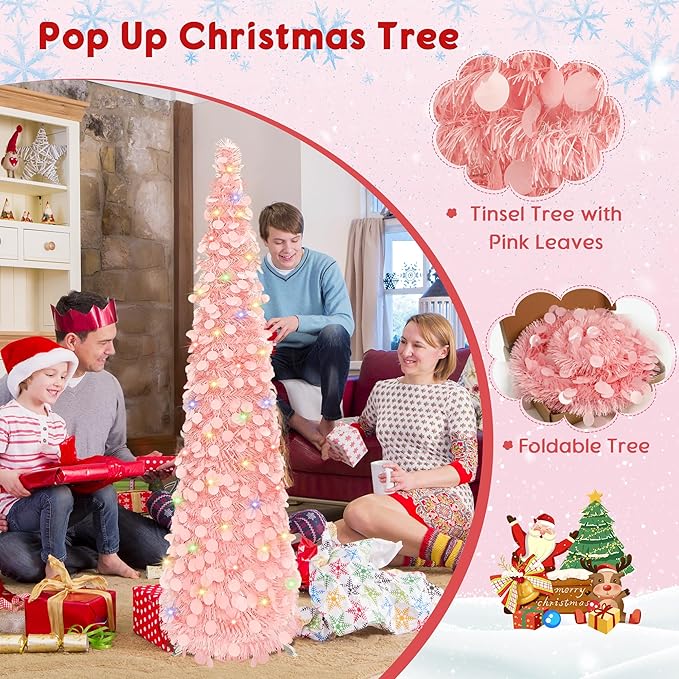5FT Collapsible Christmas Trees with 90 Lights, Pink Artificial Sequin Pop Up Christmas Tree, Tinsel Slim Pencil Christmas Tree for Home Holiday Fireplace Party Indoor Outdoor Xmas Decorations