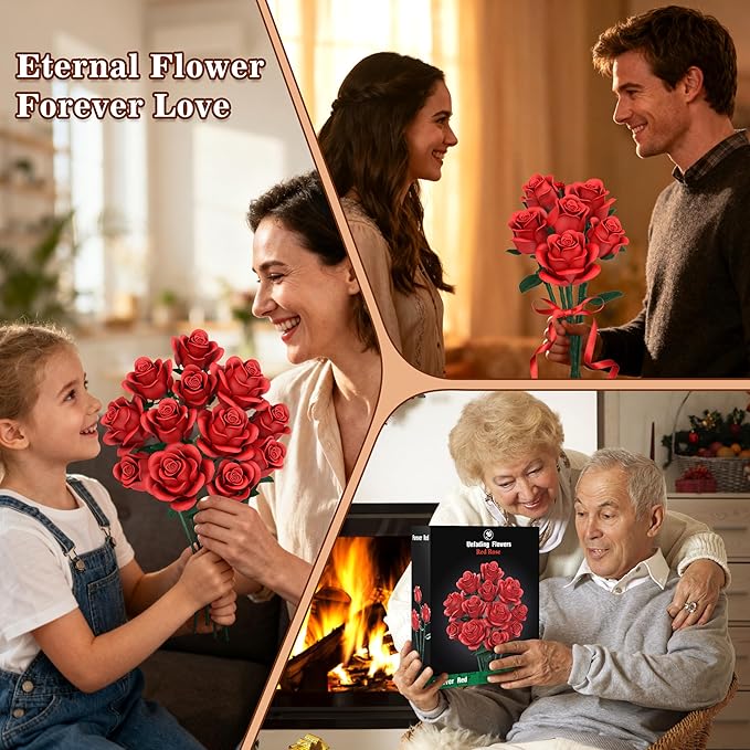 Red Roses Flower Bouquet Building Sets, 670Pcs Artificial Flowers Building Blocks Compatible with Lego Flowers for Adults Christmas Birthday Gifts for Women Mom Valentines Day Gifts