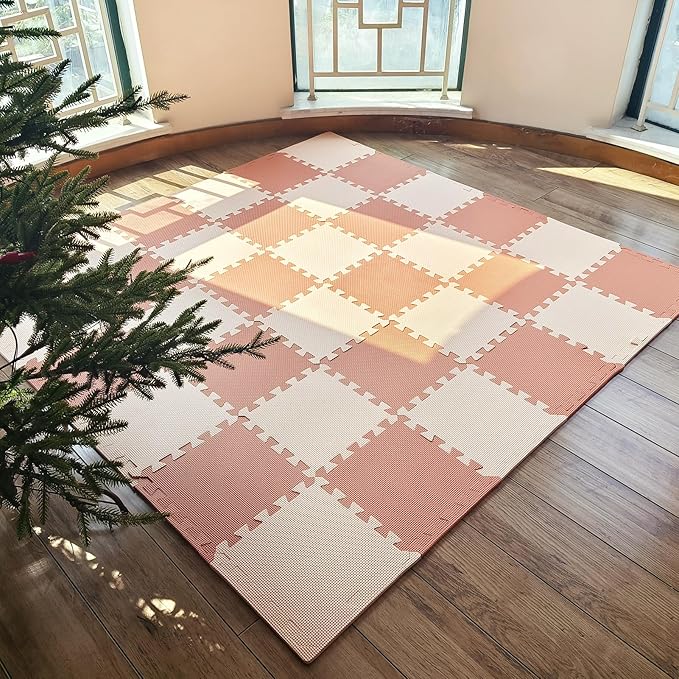 TCBunny Kids Soft EVA Foam Jigsaw Puzzle Play Mat, 18 Interlocking Tiles and Edges Baby Play Mat, for Kids Gym, Nursery, Playroom, Pet Mat, Total Floor Coverage 16 Sq Ft, Pink/Peach