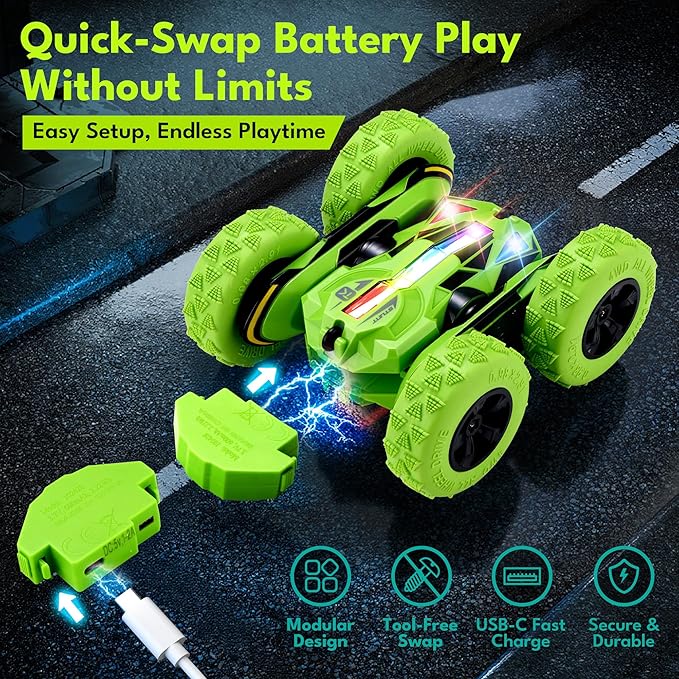 Remote Control Car RC Cars Toys for Boys Girls Ages 6-12, Upgraded USB-C Modular Batteries, Threeking 4WD Stunt Car with Breathing Soft Lights, Double-Sided Driving & 360° Flips, Presents Gifts, Green