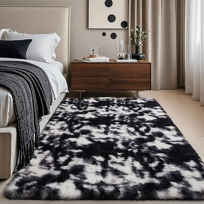 Ophanie Black and White Rugs for Bedroom Living Room, Fluffy Fuzzy Furry Carpet, Plush Soft Shaggy Bedside Indoor Floor 4x6 Area Rug for Kids Girls Boys Baby Teen Dorm Nursery Home Decor Aesthetic