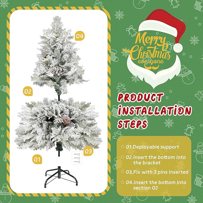 4FT Premium Artificial Christmas Tree, Snow Flocked Hinged Pine Tree w/800+ Snowflake Branches, Solid Metal Stand for Holiday Decoration Indoor Outdoor Use, Green