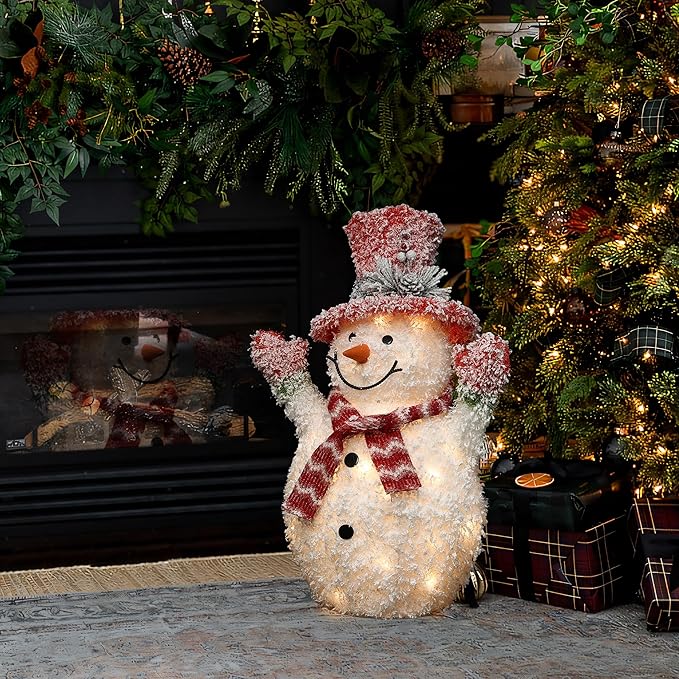 LuxenHome 2FT Lighted Snowman Outdoor Christmas Decorations, Battery Operated Frosted Snowman Christmas Decor with 35 LED Light, Xmas Decorations Outdoor, Indoor for Porch, Lawn Holiday Display