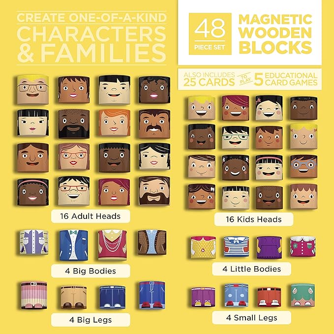 48-Piece Multiracial Family Play Set – Magnetic Wooden Diversity Building Blocks for Kids – SEL Toy Promoting Cultural Inclusion, Self-Esteem, and Eco-Friendly Play