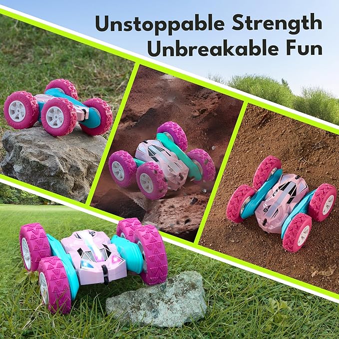 Threeking Remote Control Car RC Cars Toys for Girls Boys Ages 6-12, Upgraded USB-C Modular Batteries, 4WD Stunt Car with Breathing Soft Lights, Double-Sided Driving & 360° Flips, Presents Gifts, Pink